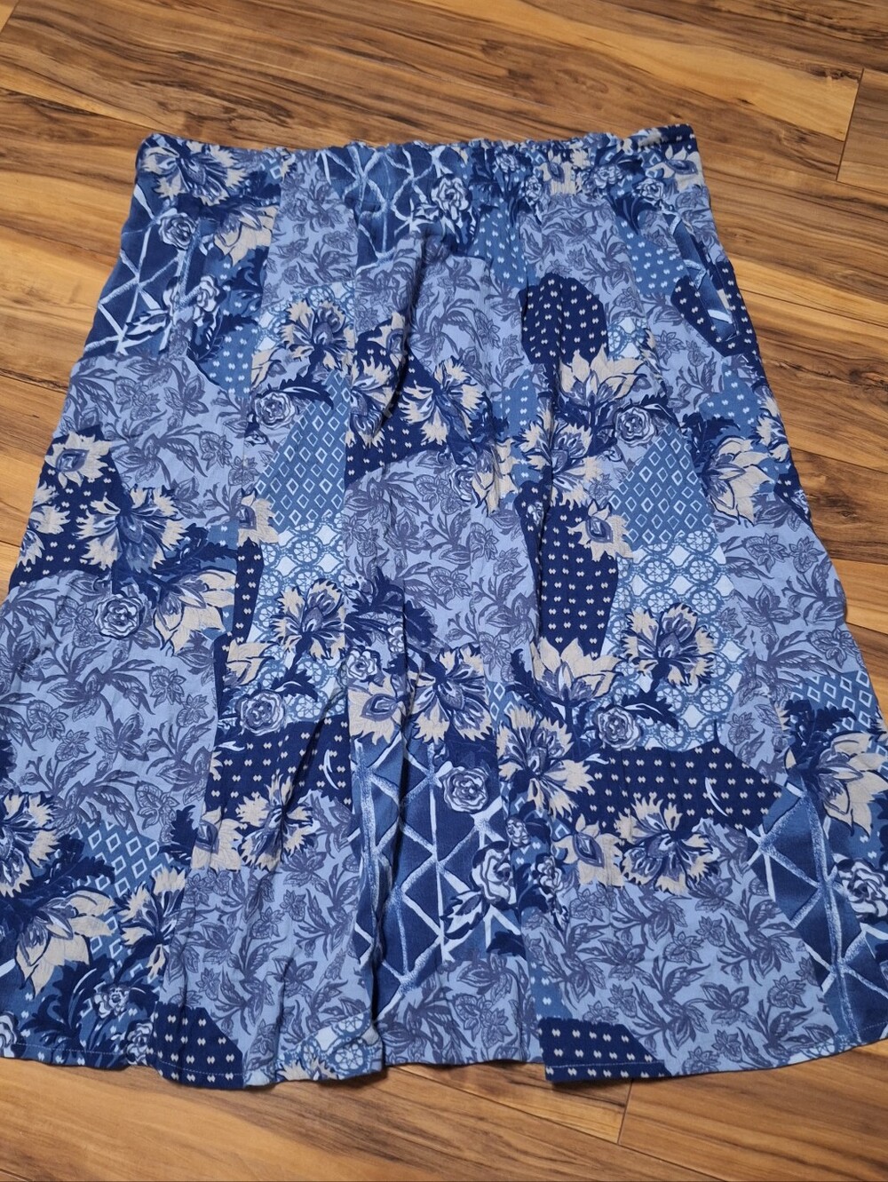 Coldwater Creek XL Blue Patchwork Floral Cottage Midi Skirt 100% Cotton Boho